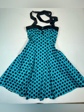 DressyStar Dress Size Medium Teal and Black Polka Dot Halter Dress